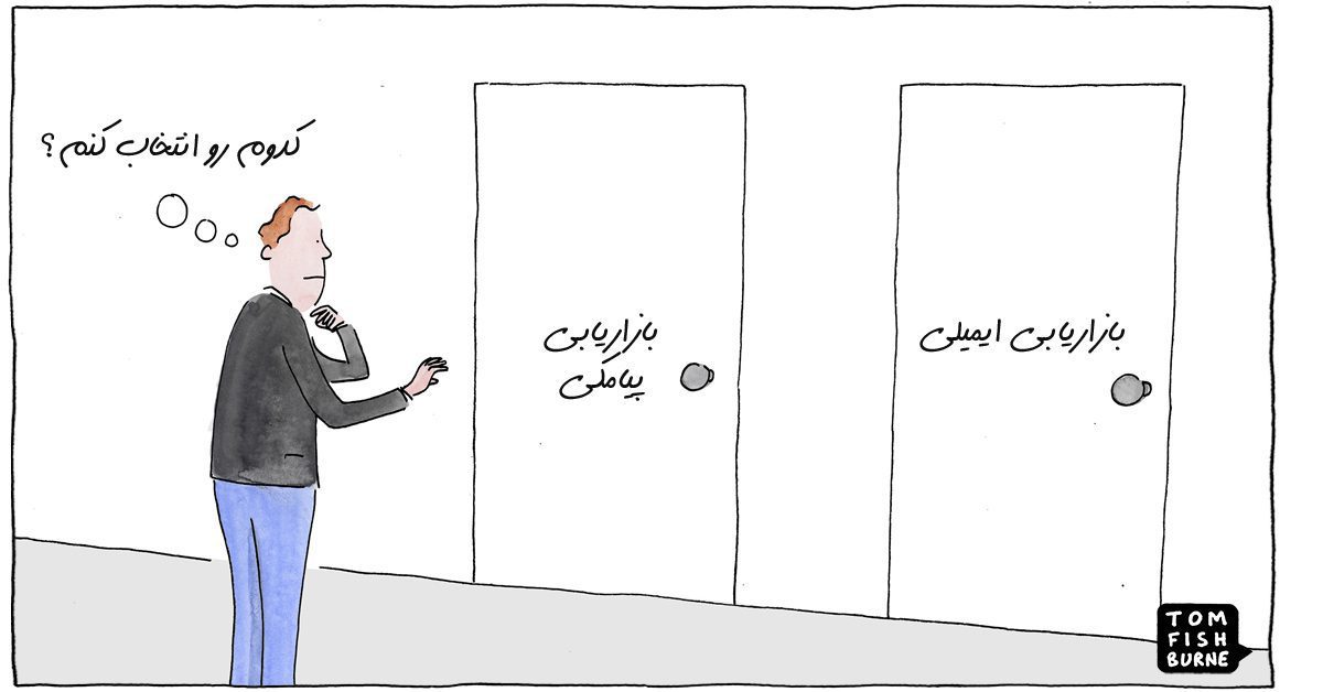 یک نفر که بین بازاریابی پیامکی و بازاریابی ایمیلی مردد است و نمی‌داند بین تبلیغات پیامکی و ایمیلی کدام را انتخاب کند. 