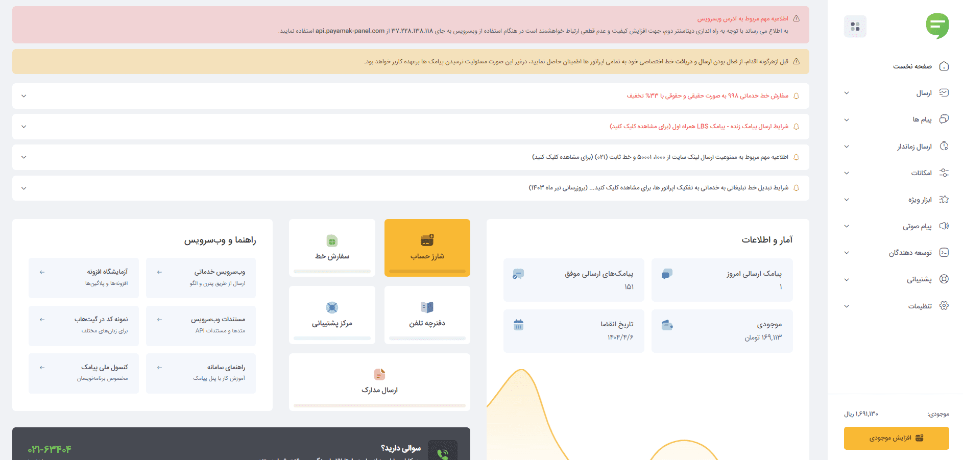صفحه نخست پنل اس ام اس